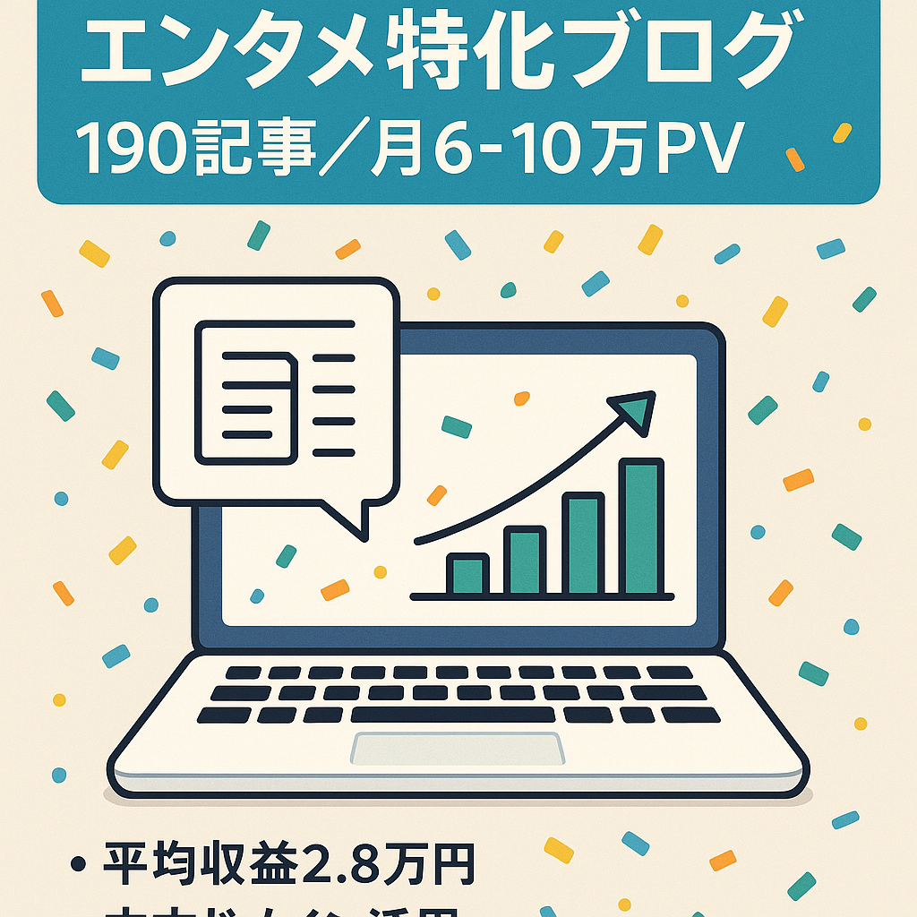 早期売却【平均収益 28,178円：直近3ヶ月】【60,000−100,000PV/月】エンタメ190記事&インデックス良好
