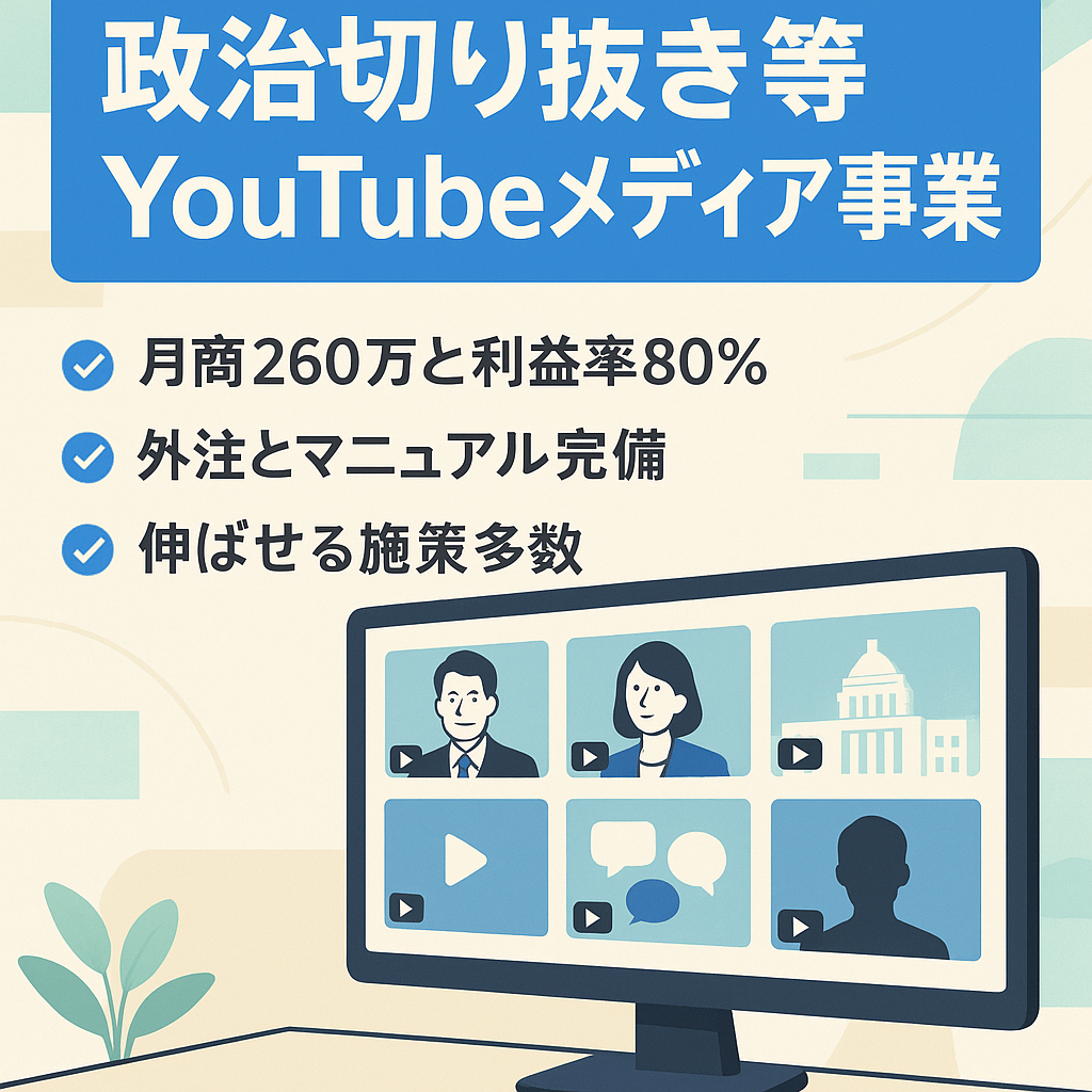 直近3ヶ月売上780万円・営業利益率80％超！政治切り抜きなど複数チャンネルが稼働する高収益YouTubeメディア事業の譲渡