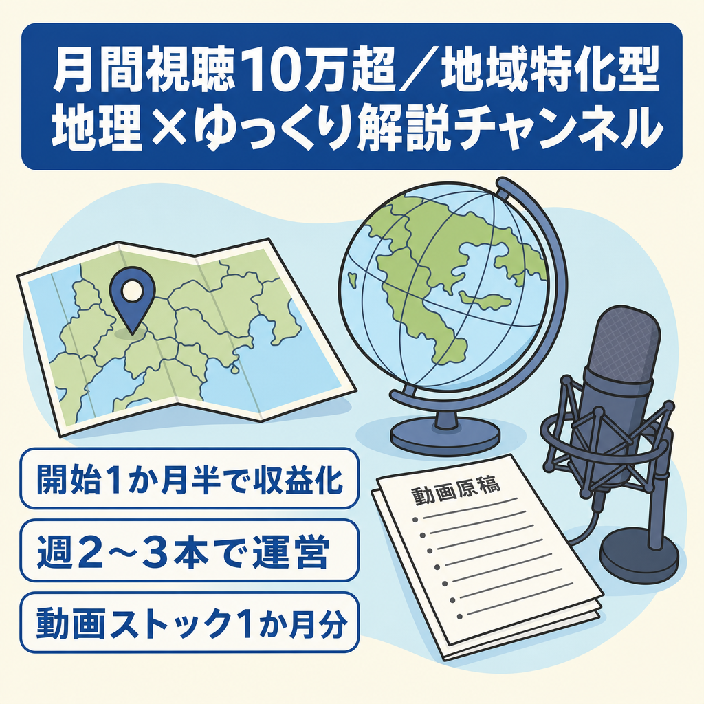 【月間視聴数10万以上】｜地域特化型「地理×ゆっくり解説」チャンネル｜早期成約で収益譲渡可能・動画ストック約1か月分あり