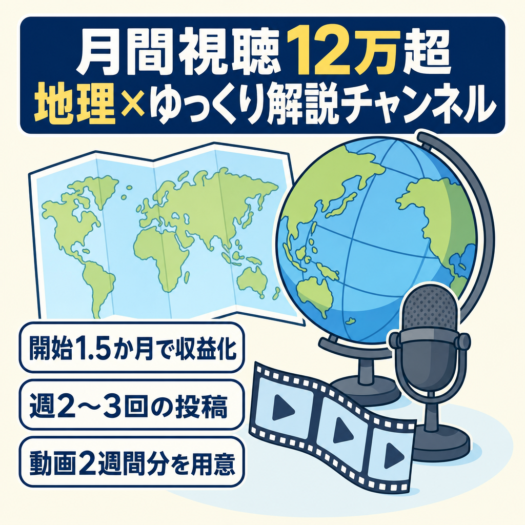 【月間視聴数12万以上】｜地域特化型「地理×ゆっくり解説」チャンネル｜早期成約で収益譲渡可能・動画ストック約2週間分あり