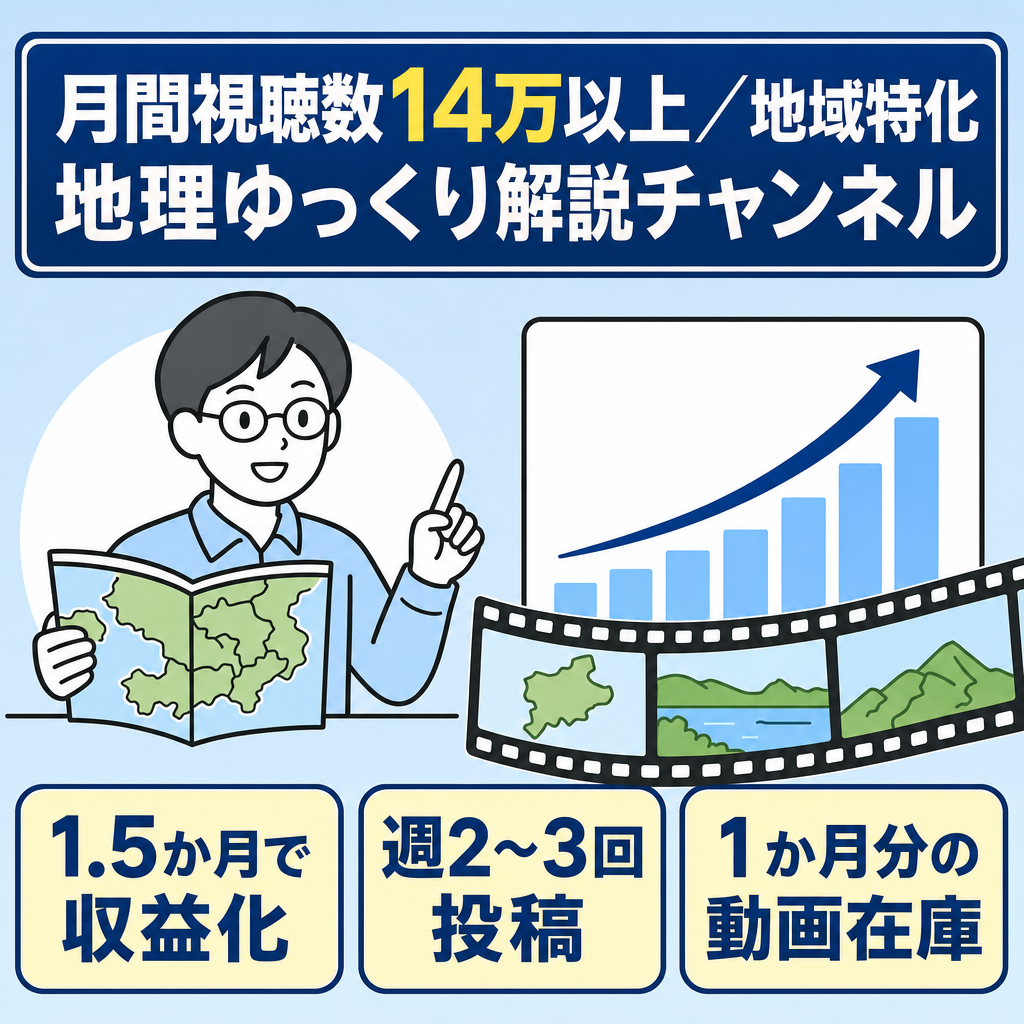 【毎月右肩上がり 月間視聴数14万以上】｜地域特化型「地理×ゆっくり解説」チャンネル｜早期成約で収益譲渡可能・動画ストック約1か月分あり