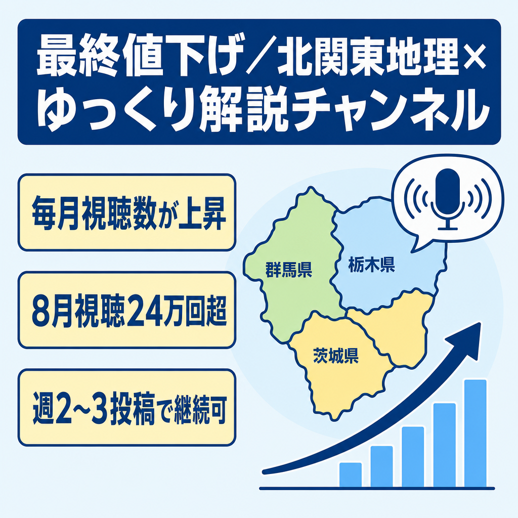 【最終値下げ】毎月右肩上がり！8月視聴回数24万回以上｜北関東地域特化型「地理×ゆっくり解説」チャンネル