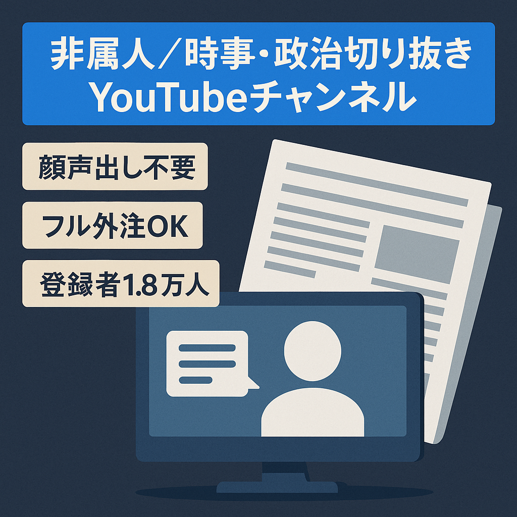 【登録者1.8万人↑】非属人/顔・声出し撮影一切不要/フル外注化可能/切り抜きYouTubeチャンネル(時事・政治系)