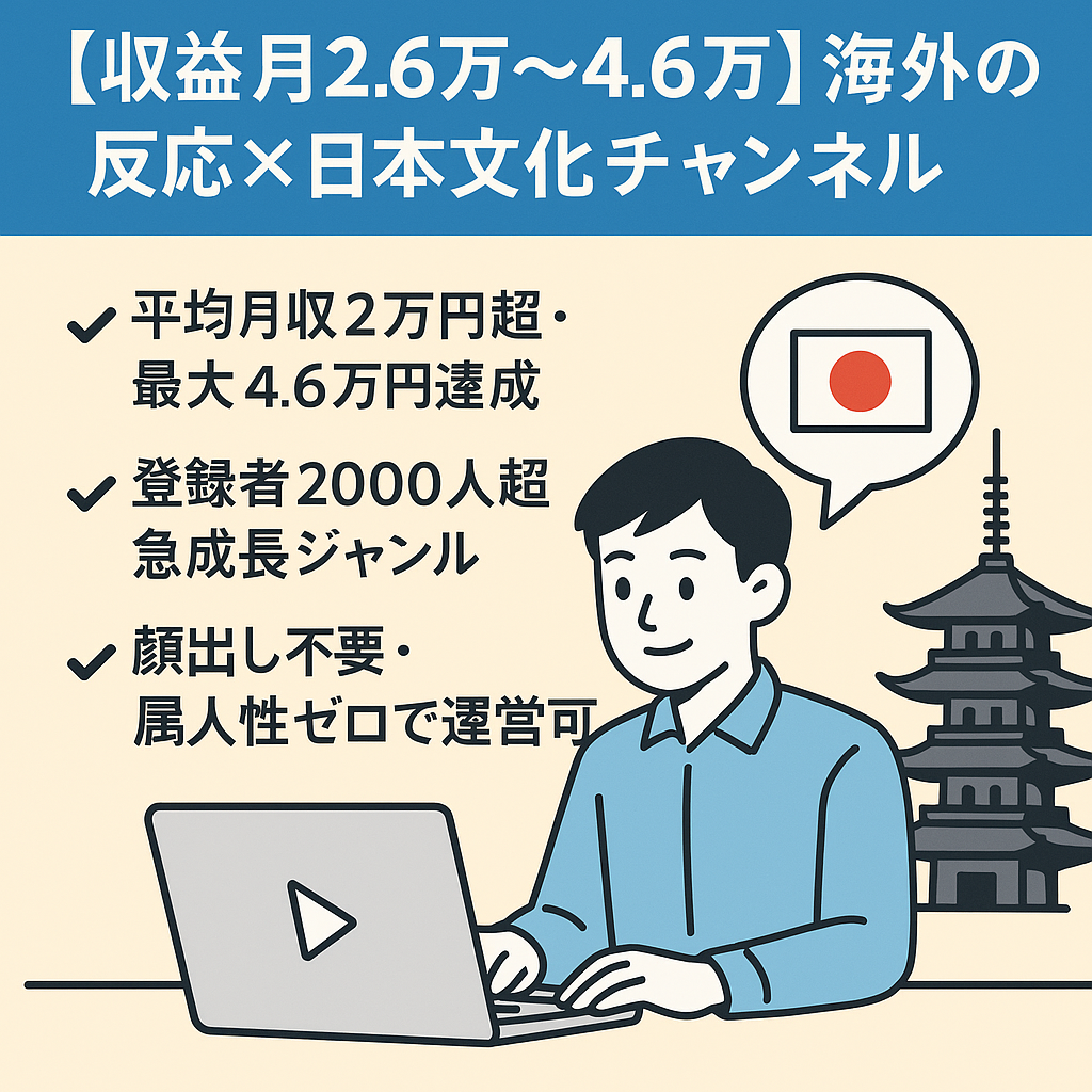 【収益月2.6万〜4.6万】海外の反応×日本文化チャンネル／収益化済・99本あり