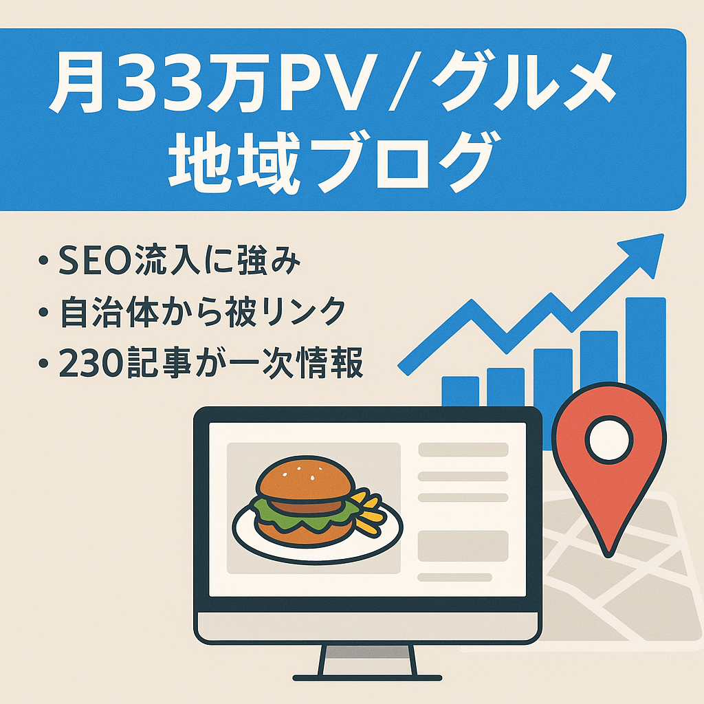 月平均33万PVのグルメ・地域情報ブログ！SEOに強く検索流入が見込めます
