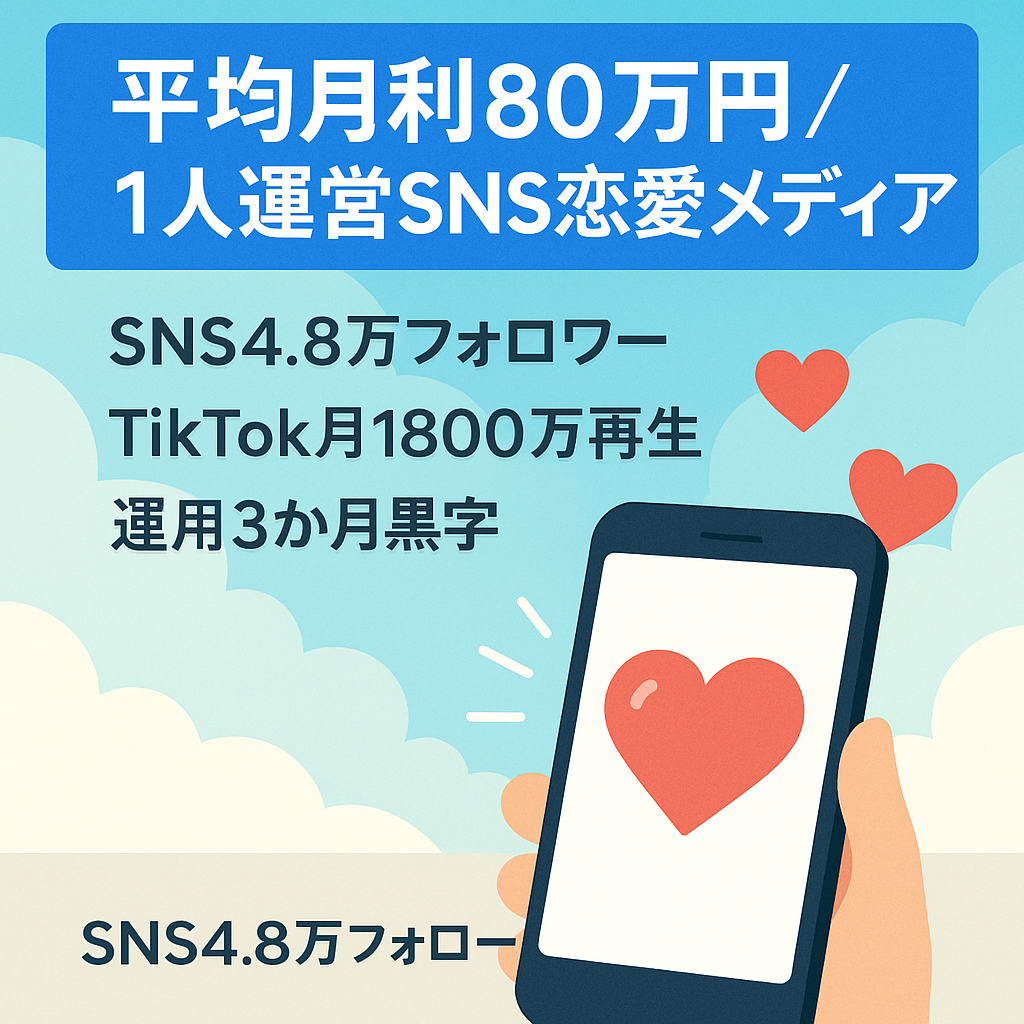 【平均月利80万円】 SNS恋愛メディア 属人性無し1人運営可能