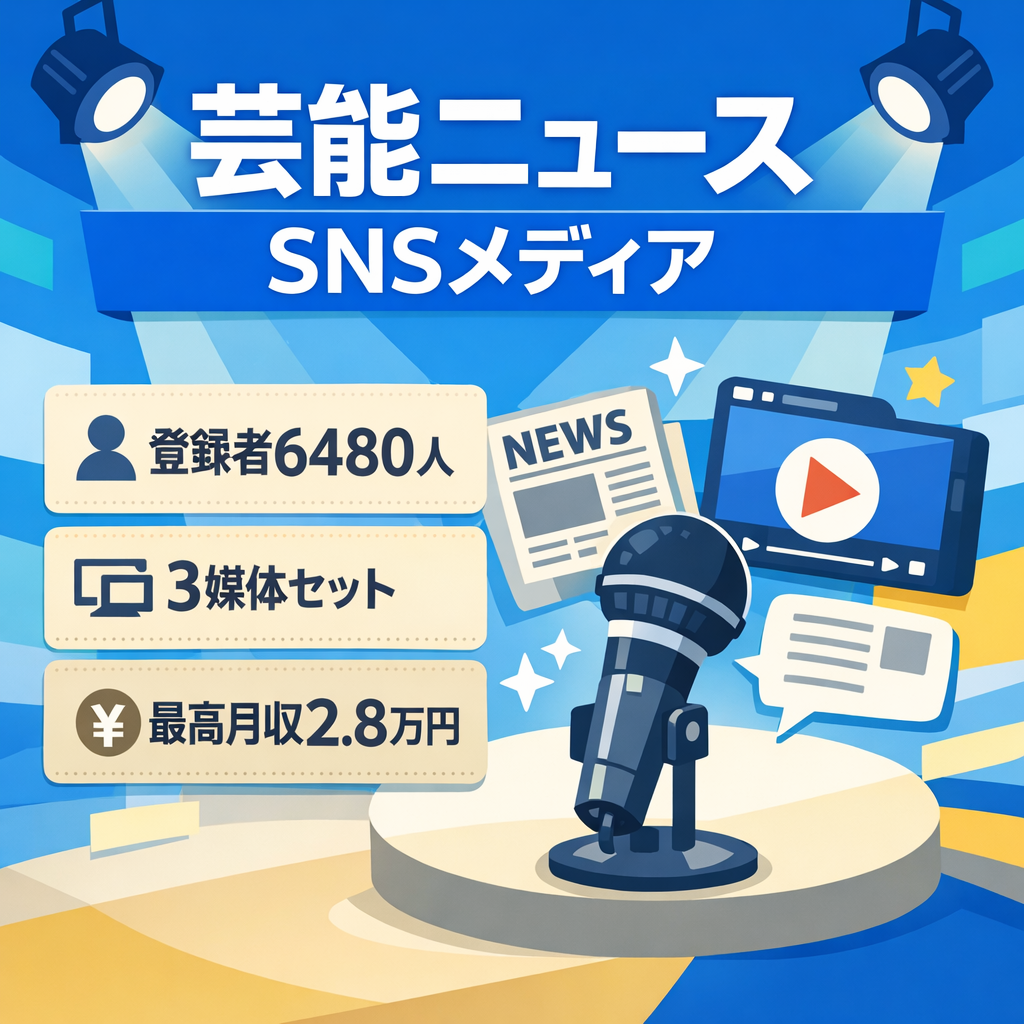 芸能・有名人ニュースSNSメディア｜YouTube登録6480人＋TikTok1015人＋Instagram866人｜SNS3媒体セット｜最高月収2.8万円