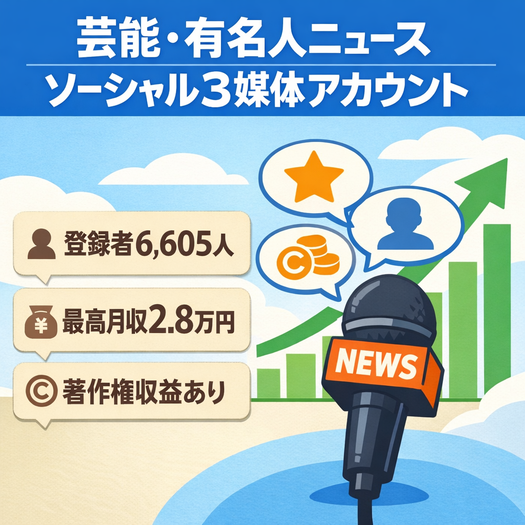 【大幅値下げ】芸能・有名人ニュースSNS3媒体|YouTube6,600人|月収最大2.8万円|非属人運営