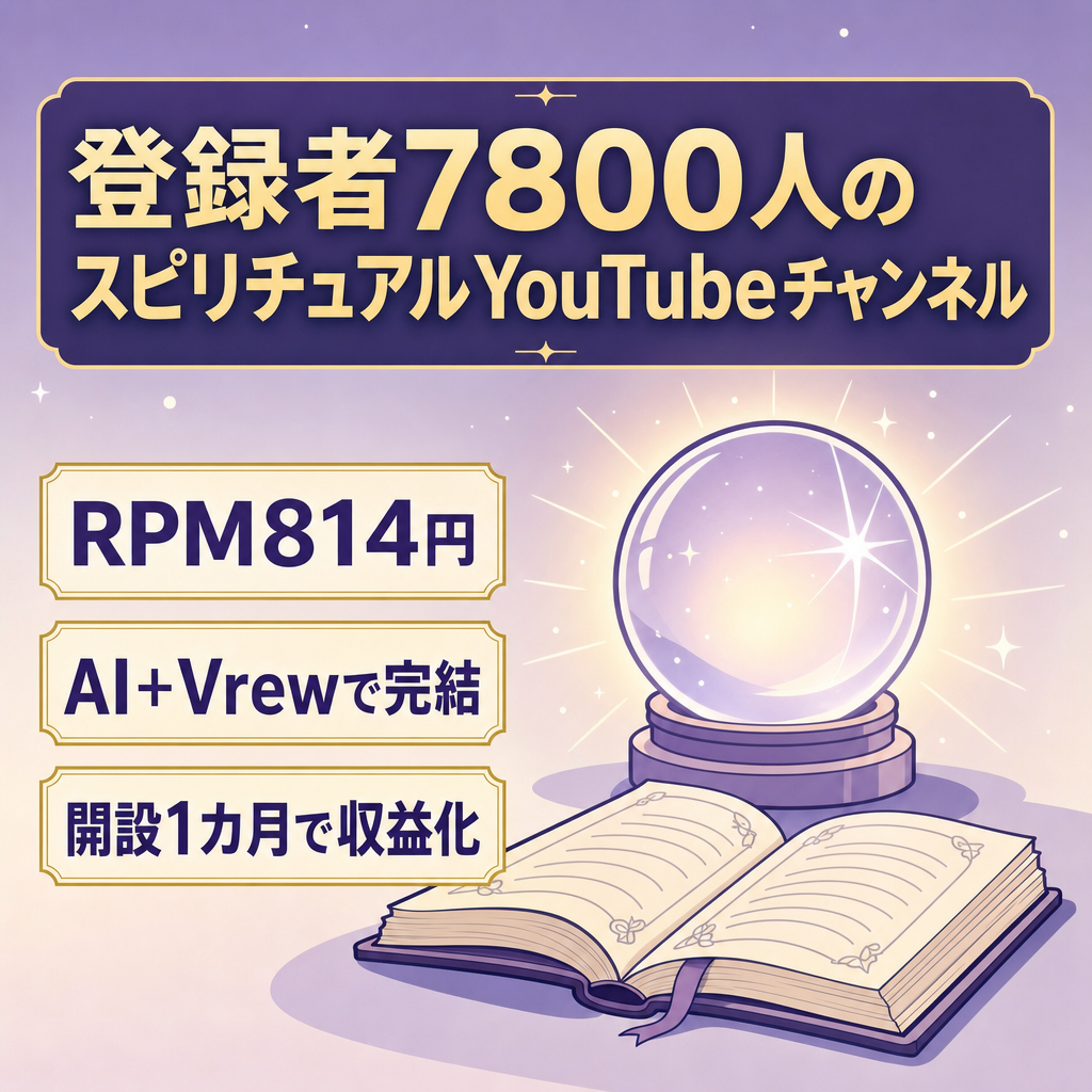【シニア層で高単価 RPM814円】スピ系非属人・登録者7800人／AI＋Vrewで完結・マニュアル＆ノウハウ付／開設1カ月で収益化・月約15万円を3カ月