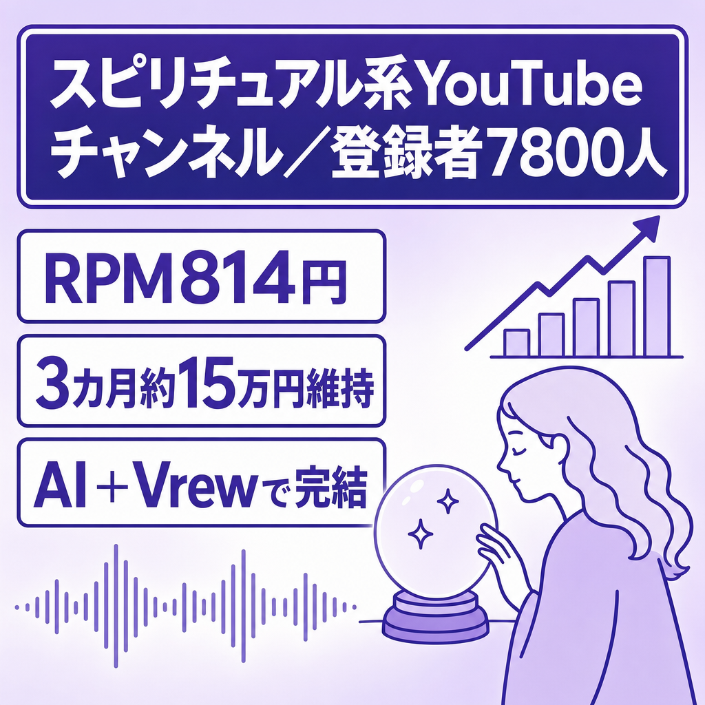 【RPM814円・月約15万×3カ月】スピ系非属人YouTube／登録者7800人・AI＋Vrewで完結・ノウハウ付／シニア層で高単価