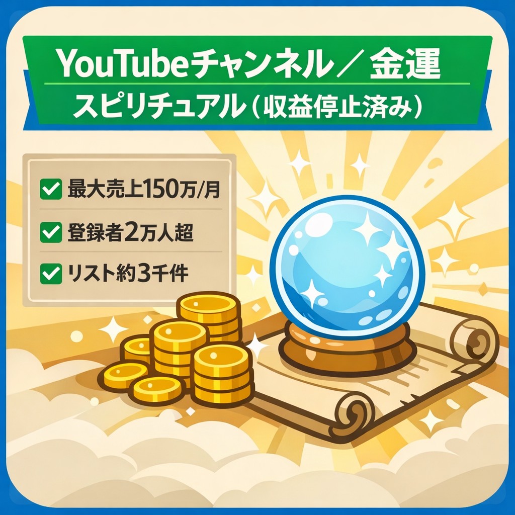 訳あり：【最大売上150万/月】長尺金運スピ非属人チャンネル／1か月引き継ぎサポート付き【収益停止済み】