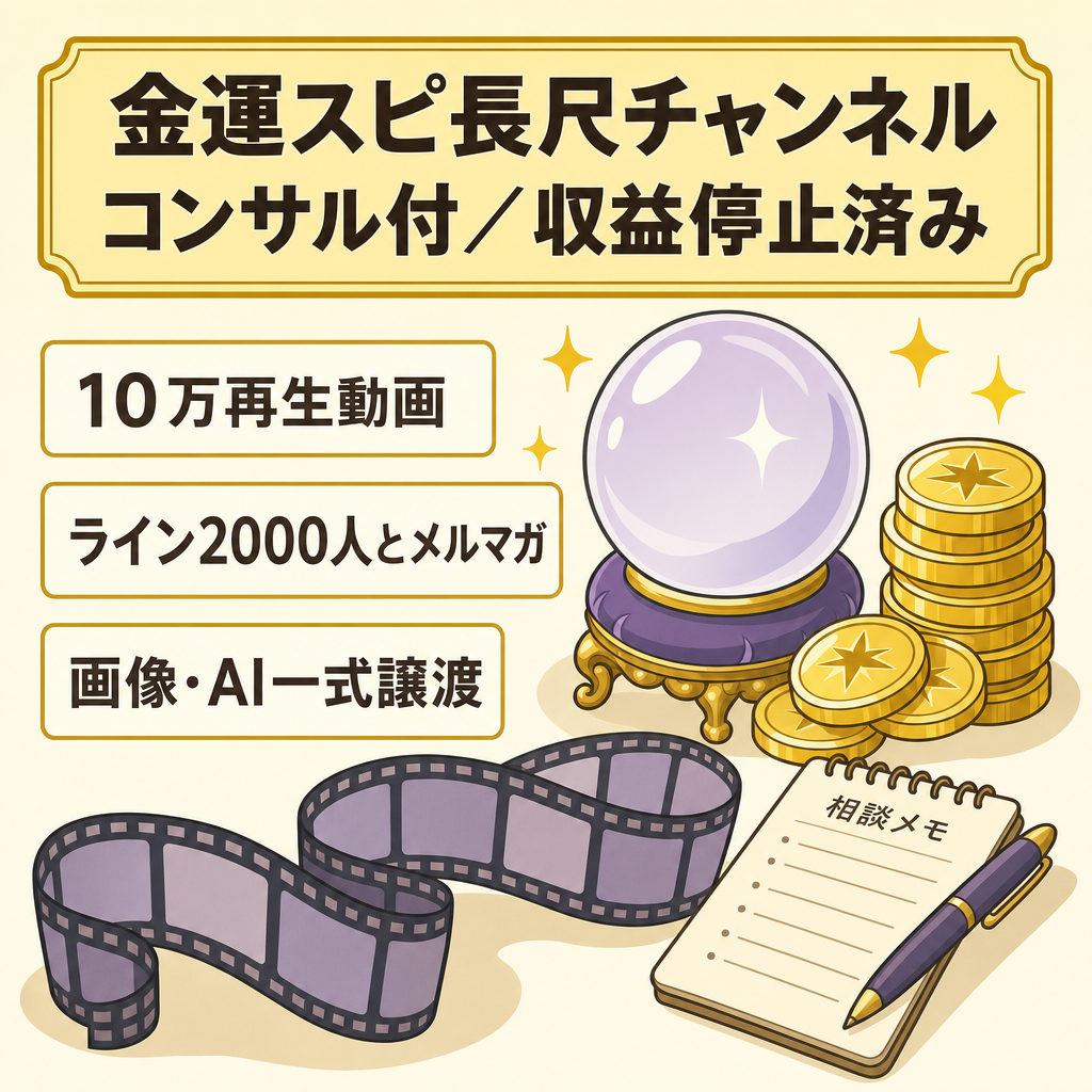 訳あり：【最終値下げ/5月まで】長尺金運スピ非属人チャンネル／コンサルティングサポート付き【収益停止済み】