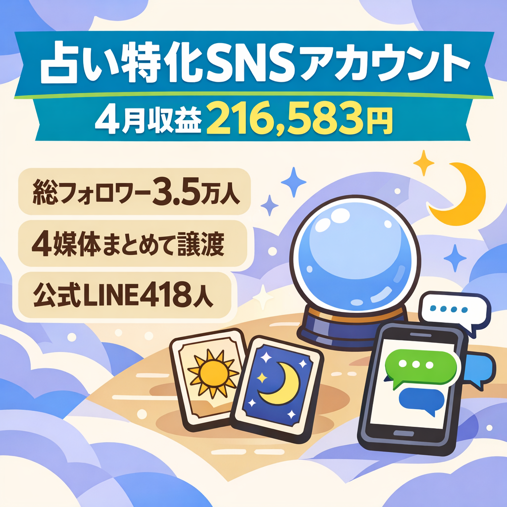 ※最終値下げ※【総フォロワー3.5万人＆4月収益216,583円】占い特化Instagram(その他3媒体)＋公式LINE418人付きアカウント