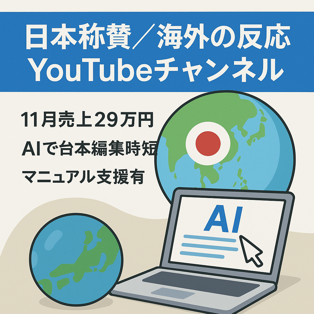 【11月売上29万円！/AI生成で台本・編集が1本1時間/属人生無し】日本称賛・海外の反応系Youtubeチャンネル