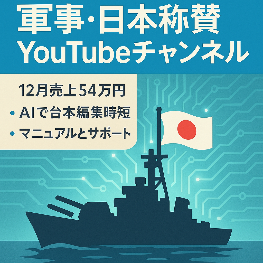 【12月売上54万円！/AI生成で台本・編集が1本1時間/属人性無し】軍事・日本称賛YouTubeチャンネル