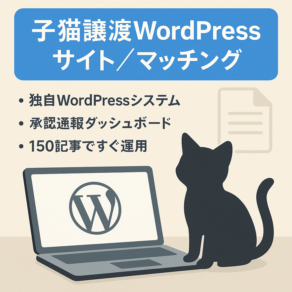 【子猫譲渡システム】WordPress製マッチング機能＋150記事付き（スニペットで構築）育成用サイト