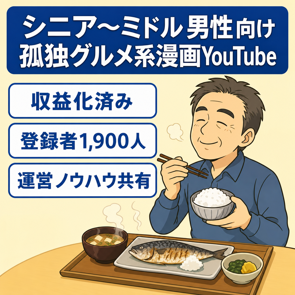 【収益化済】シニア〜ミドル男性の孤独グルメ系イラスト漫画YouTubeチャンネル｜登録者1,900人