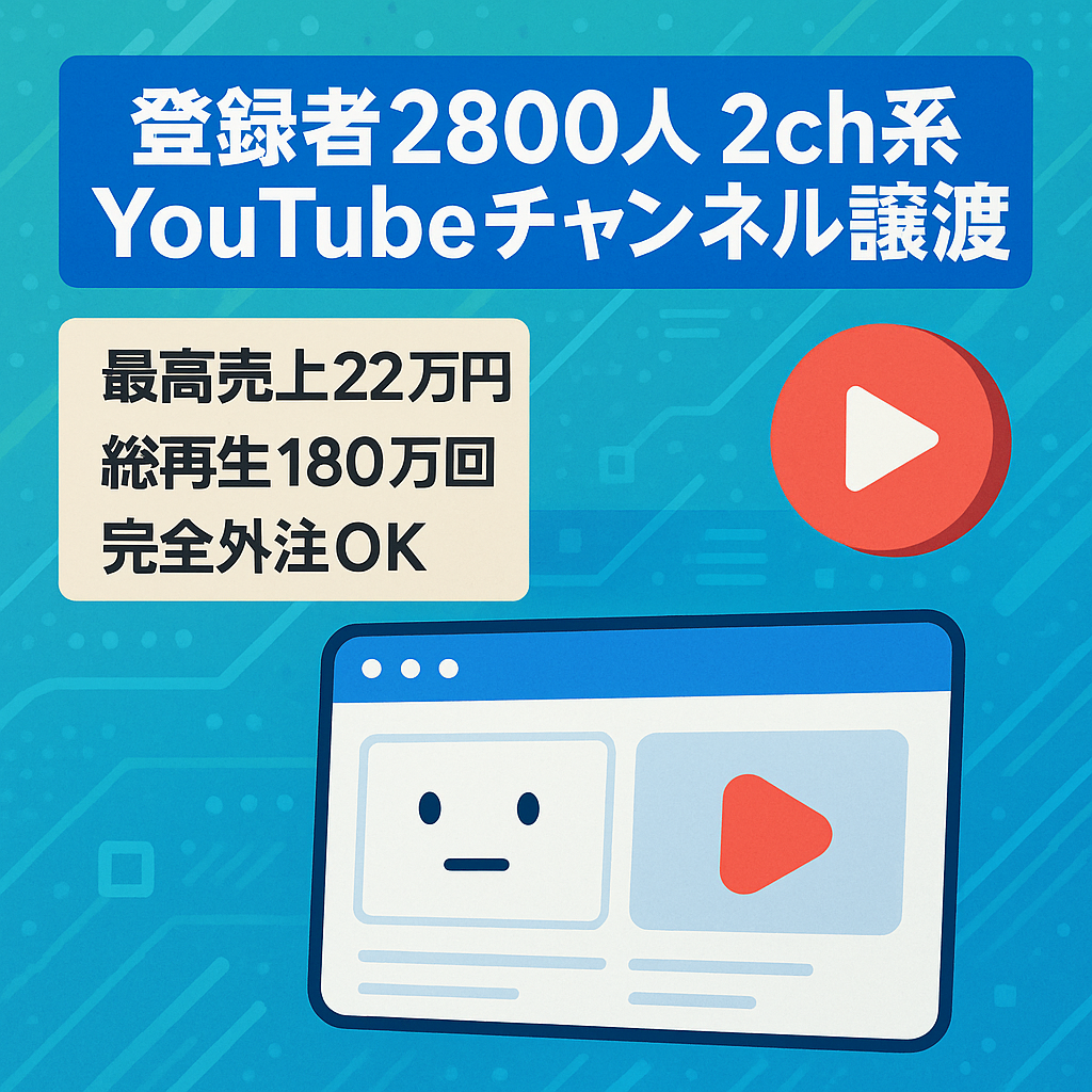 【最高売上月22万円】登録者2,800人の2ch系YouTubeチャンネルの譲渡 【総再生数180万回/完全外注化可能】