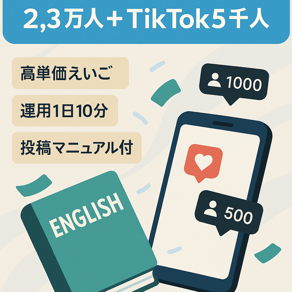 【英語/Instagram23,000人+TikTok5,000人/高単価商材で収益UPが見込める】属人性なし1日10分で運用可能★投稿作成のマニュアルあり！