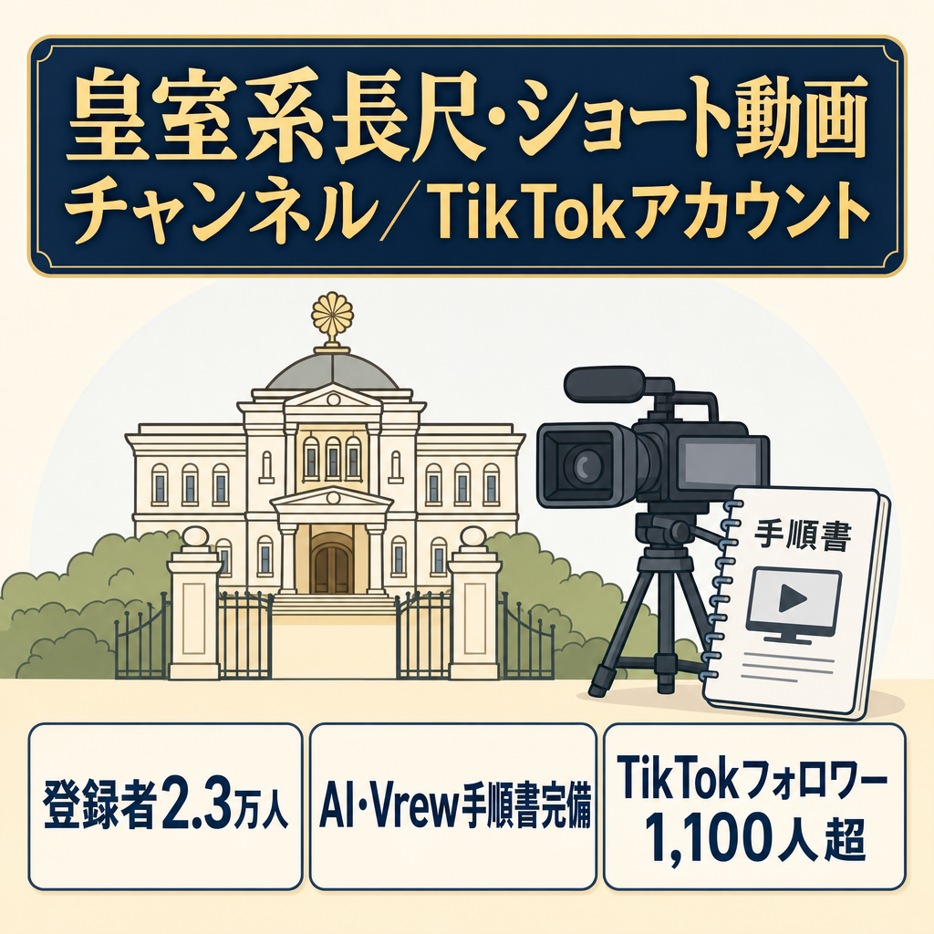 【登録者2.3万人/収益化済】AI・外注マニュアル完備の皇室系長尺ショート＆TikTok(リンク解放済)セット