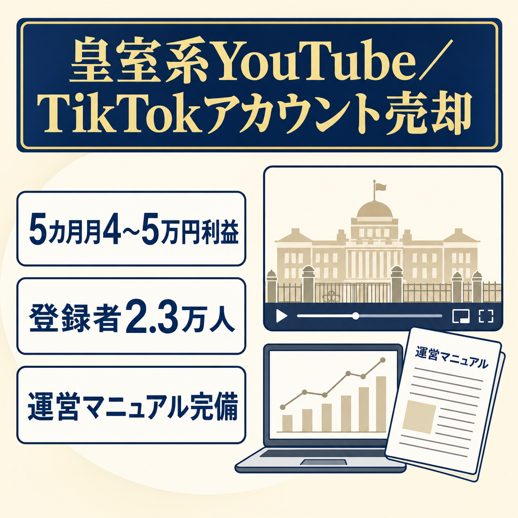 【５か月間月4〜5万円の利益実績】登録者2.3万人・収益化済｜皇室系ショート＆長尺＋TikTok(リンク解放済)セット