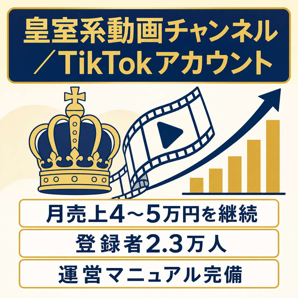 【5ヶ月連続 月4〜5万円の売り上げ実績】登録者2.3万人・収益化済｜皇室系ショート＆長尺＋TikTok(リンク解放済)セット
