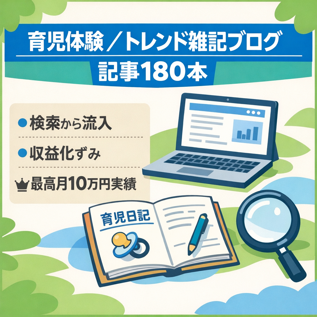 トレンド・育児体験系雑記ブログ【記事数180本】検索流入あり・収益化・運営実績あり