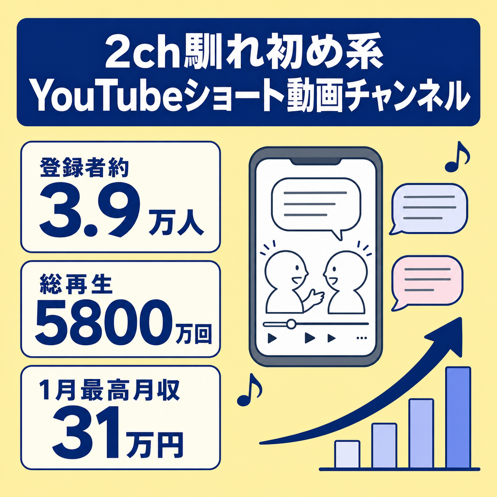 【収益化済/高品質！】登録者約3.9万人！2024年1月に最高月収約31万円！2ch馴れ初め系YouTubeショート動画チャンネル