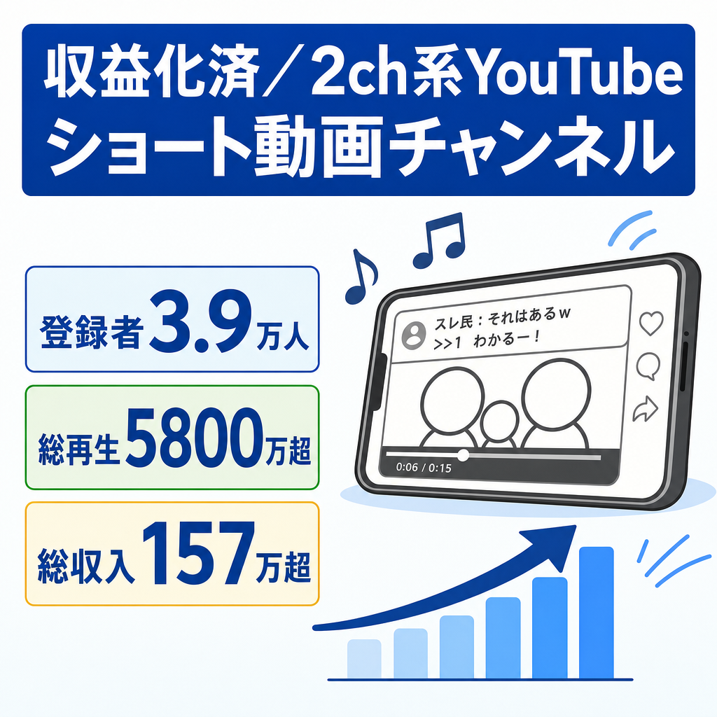 【収益化済/高品質！】登録者約3.9万人！2024年1月に最高月収約31万円！2ch系YouTubeショート動画チャンネル