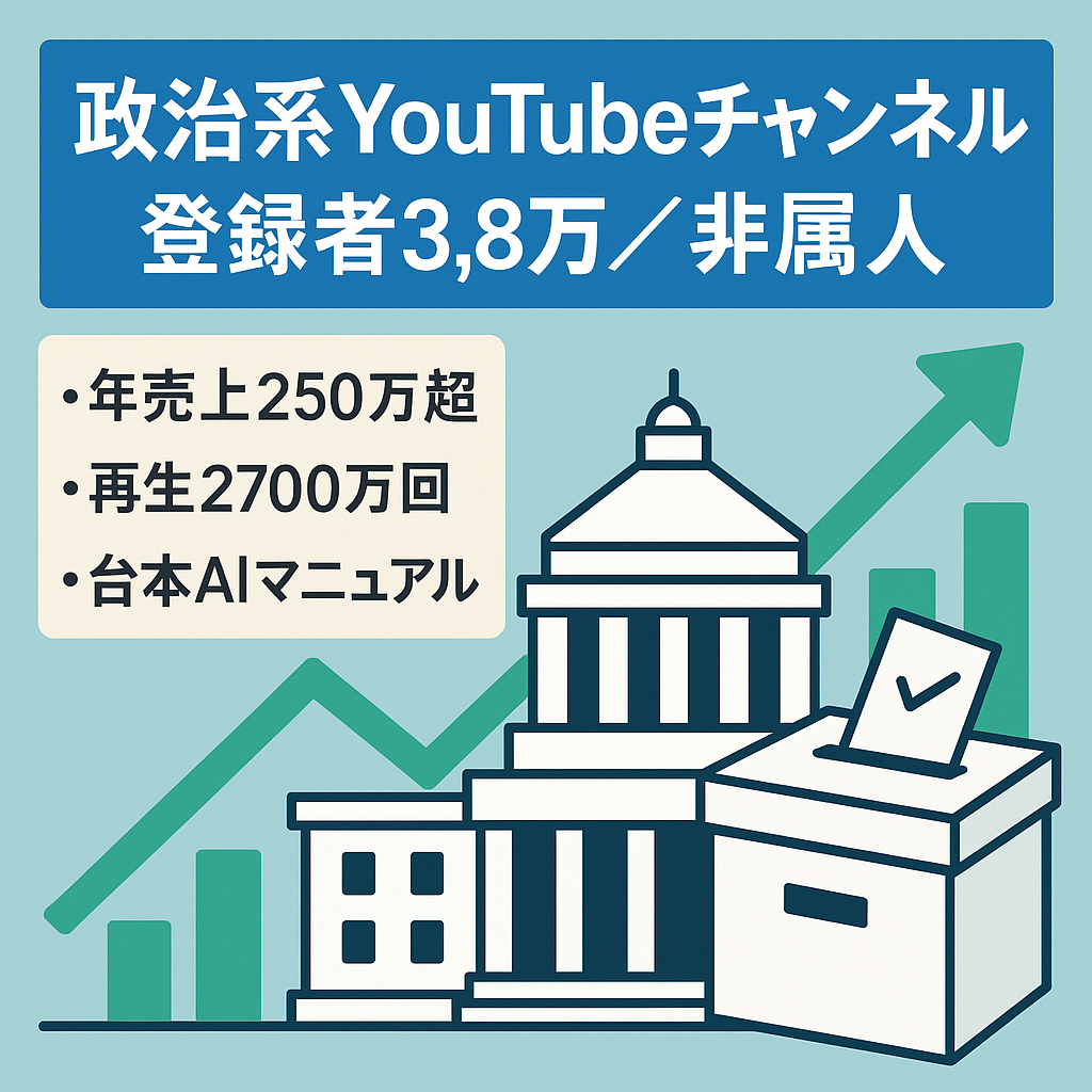【登録者3.8万人超え】非属人 / 選挙を控えた人気政治ジャンル / 編集・台本マニュアル完成済み / 編集者連絡先お伝え可能