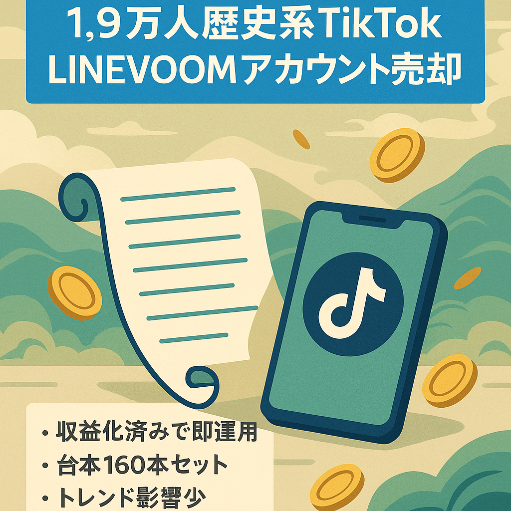 【訳あり】1.9万人歴史系TikTokアカウント　収益化済みLINEVOOMアカウント付き、全台本付き