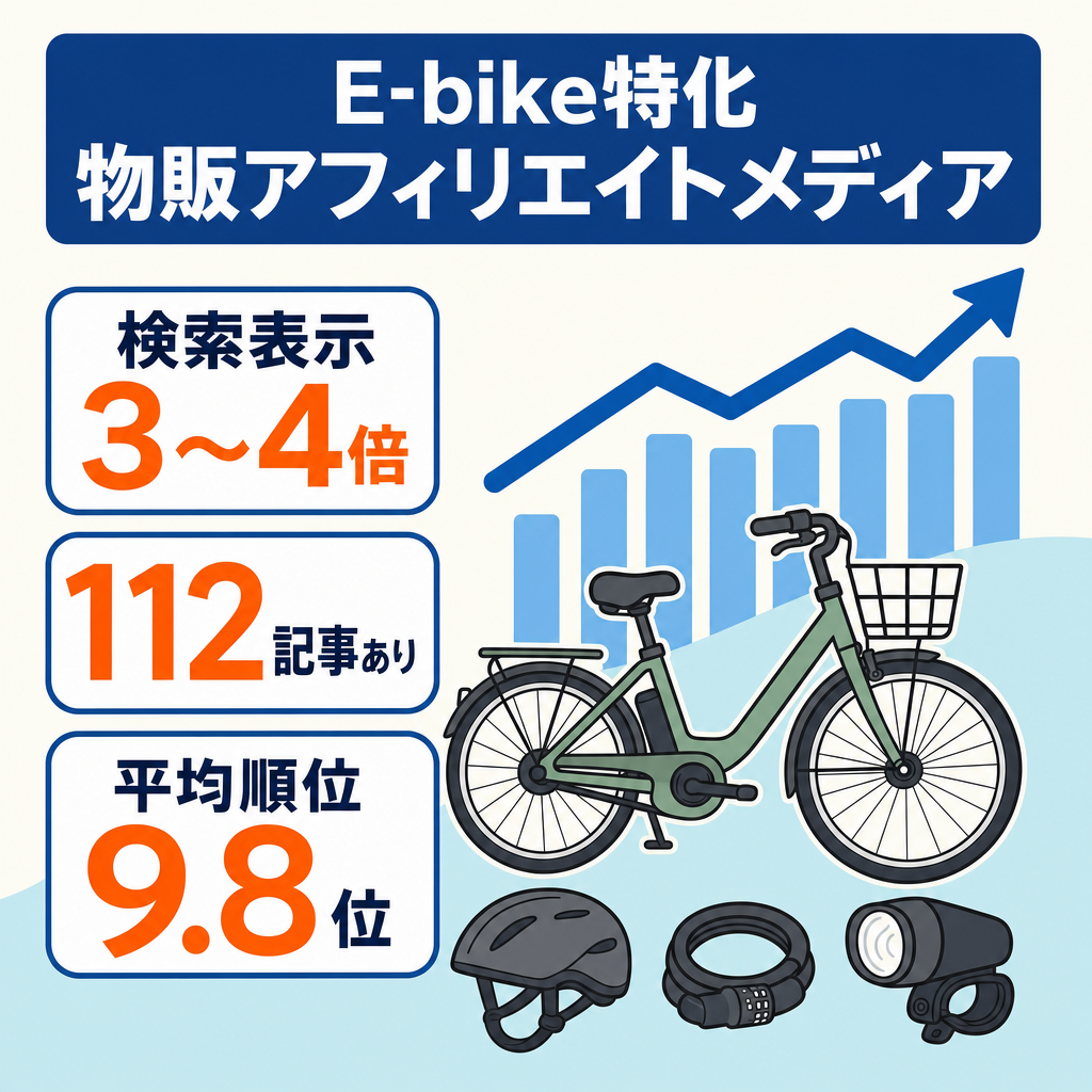 【検索表示3〜4倍に成長中】E-bike・自転車アクセサリー専門の物販アフィリエイトメディア｜112記事・ホワイトハット・運営8ヶ月