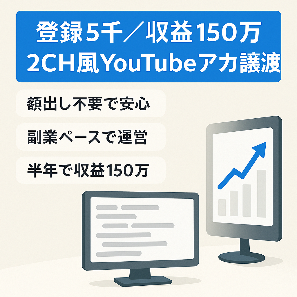 【チャンネル登録者5000人越え/過去合計収益150万円以上】顔出し不要の2CH風系YouTubeのアカウント譲渡【値段交渉歓迎】