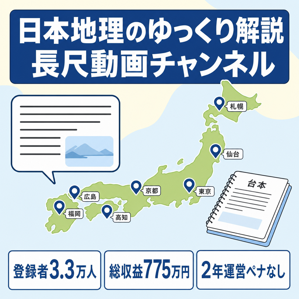 【登録者3.3万人★総収益775万円】ゆっくり解説・日本地理ジャンル・長尺動画チャンネル・ペナルティなし