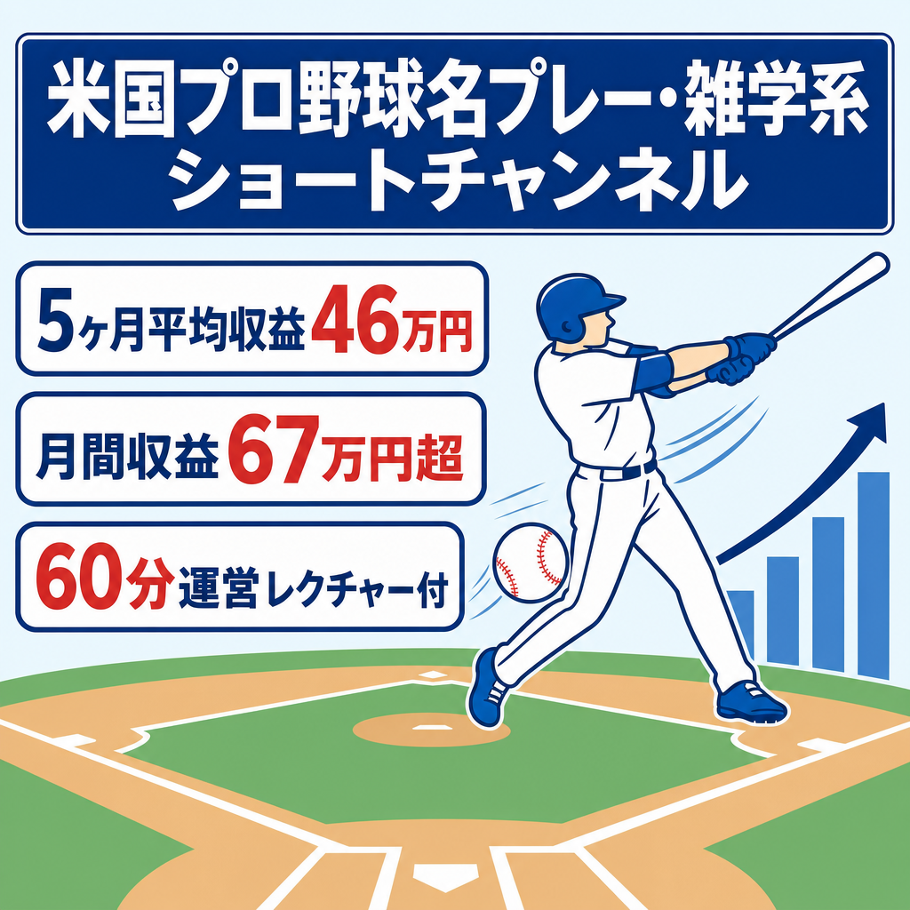 切り抜き：【直近5ヶ月平均収益46万円・最高67万円超】MLB名プレー・雑学系ショートチャンネル