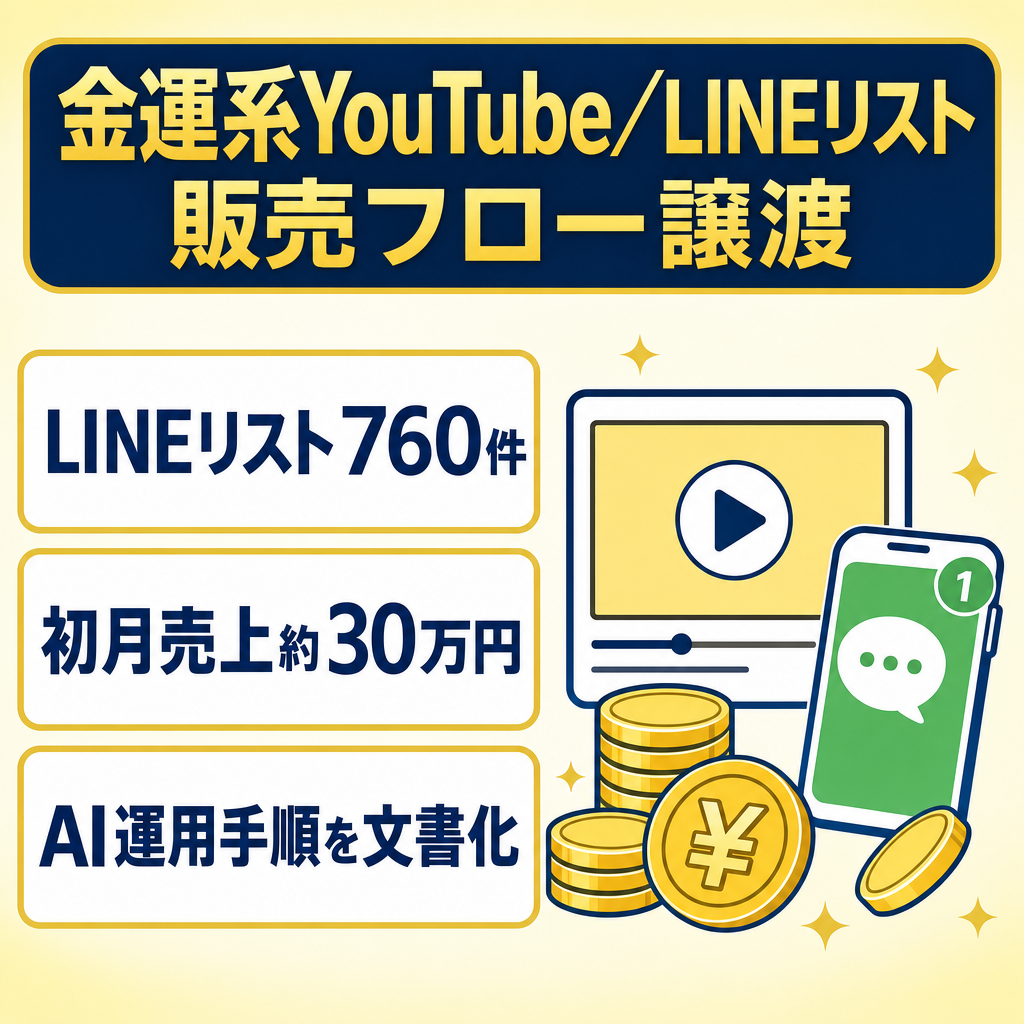 訳あり：金運系YouTube＋LINEリスト760件｜AI生成・非属人・リッチメニュー等の販売フロー譲渡