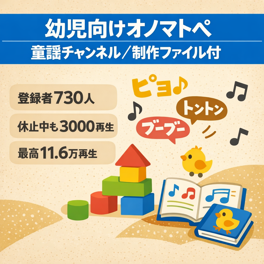 【幼児向け・属人性なし】オノマトペ×童謡チャンネル｜登録者730人・休止中も月3,000再生・動画本数31本｜制作ファイル一式譲渡