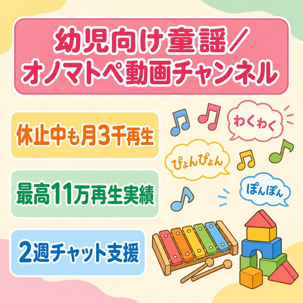 【最終値下げ！】【幼児向け・非属人】オノマトペ×童謡チャンネル｜登録者730人・休止中も月3,000再生・動画本数31本【2週間チャットでの簡易相談可】