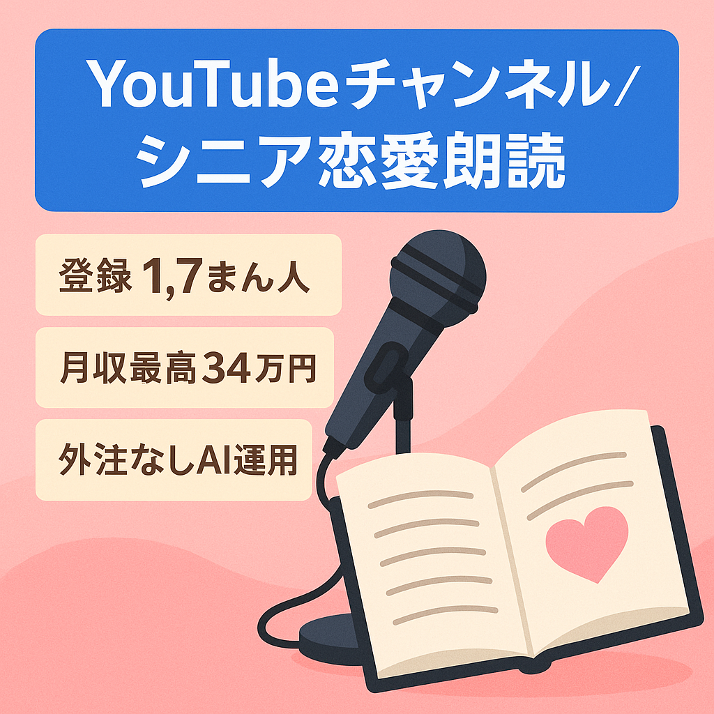 【登録者1.7万人！最高月収34万円！】｜シニア向け恋愛朗読ch｜AIで作業｜広告収入×アフィリ展開で伸びしろ◎【大手アカ】