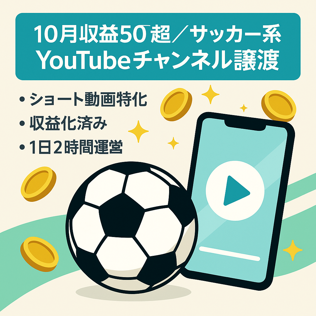 【10月収益50万超】【ショート動画】サッカー系YouTubeチャンネル譲渡案件｜即運営OK・早期売却歓迎・価格交渉も大歓迎