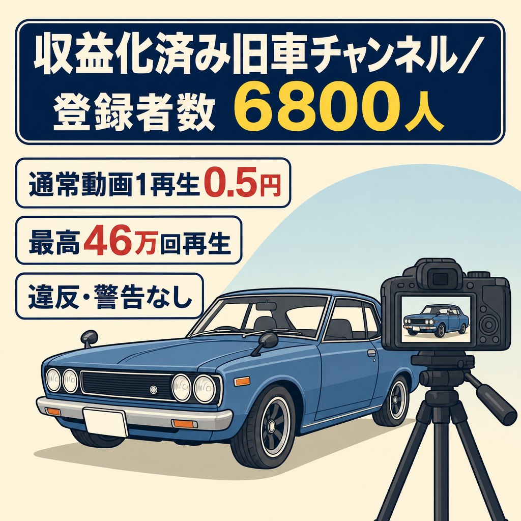 【収益化済み】旧車チャンネル | 登録者数6800人 | 最高再生回数46万回