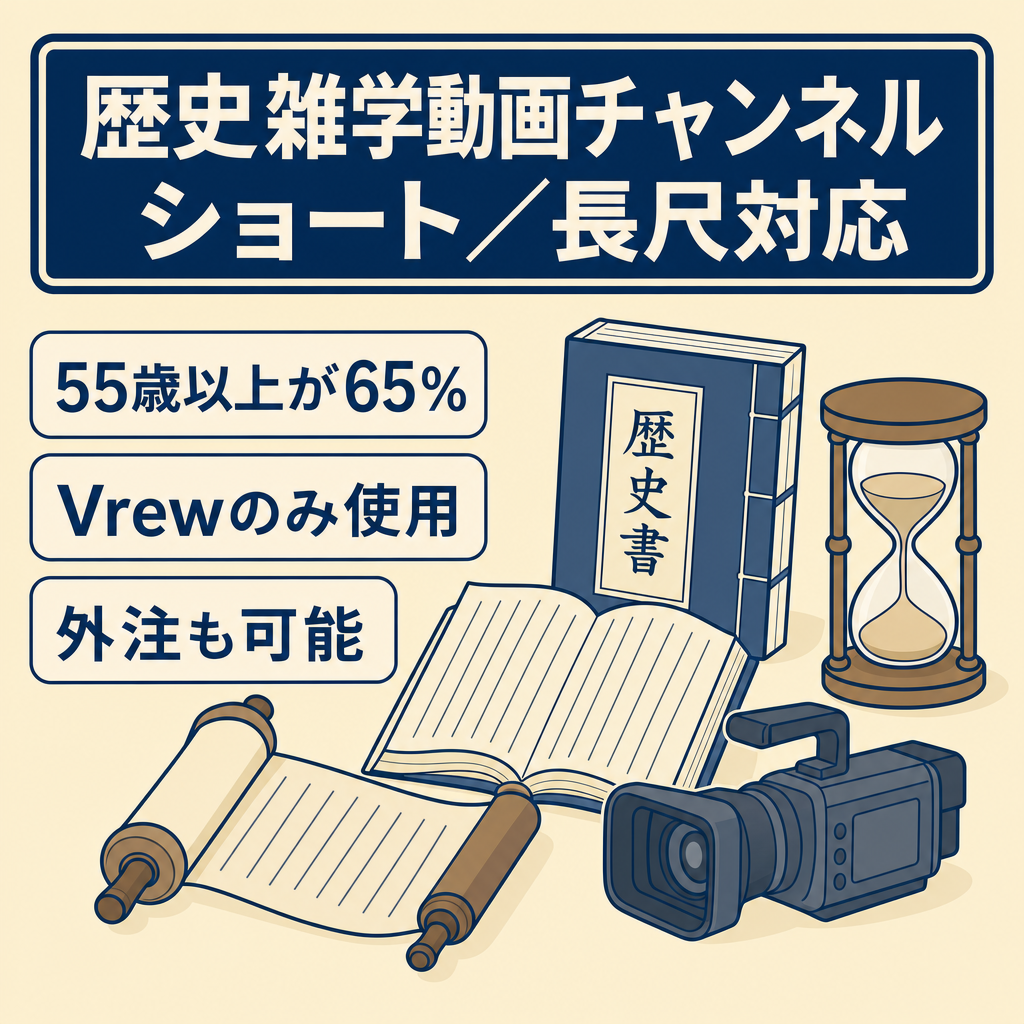 【非属人・歴史雑学チャンネル】視聴者の65％以上が55歳以上のシニア層。ショート/長尺動画対応。【外注可】