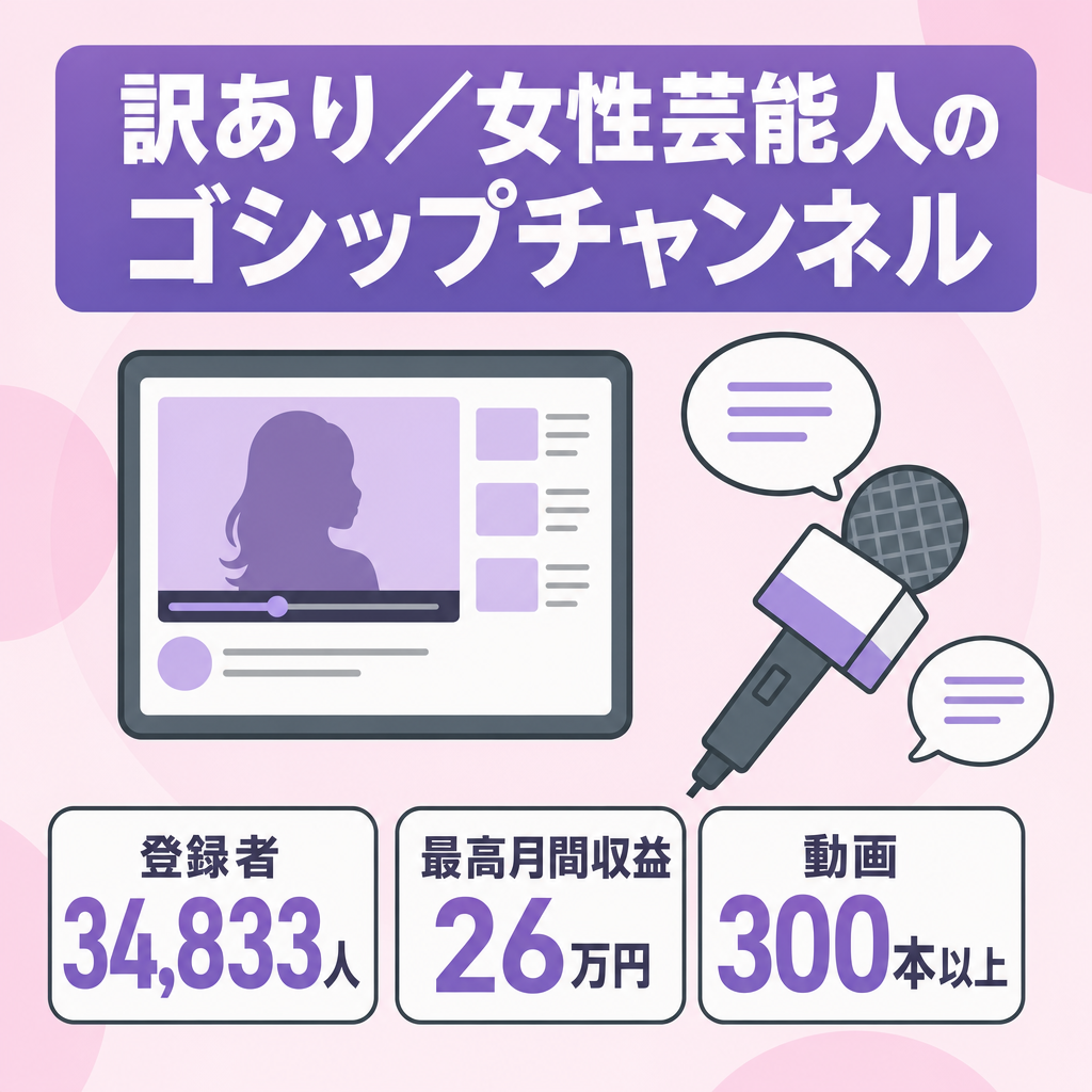 訳あり：最高月収益26万円！登録者3.4万人の女性芸能人のゴシップチャンネル