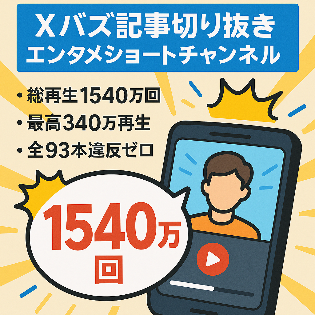 【総再生1,540万回／最高340万再生】Xバズ記事切り抜きエンタメ系ショート特化型チャンネル