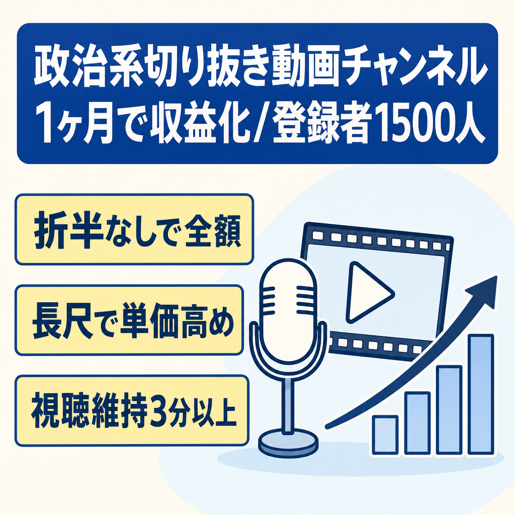 【１ヶ月で収益化】保守系政党政治系切り抜きチャンネル！長尺動画で広告単価も高め、登録者1500人!切り抜き動画のフォーマットもお渡しします！値下げ交渉歓迎！