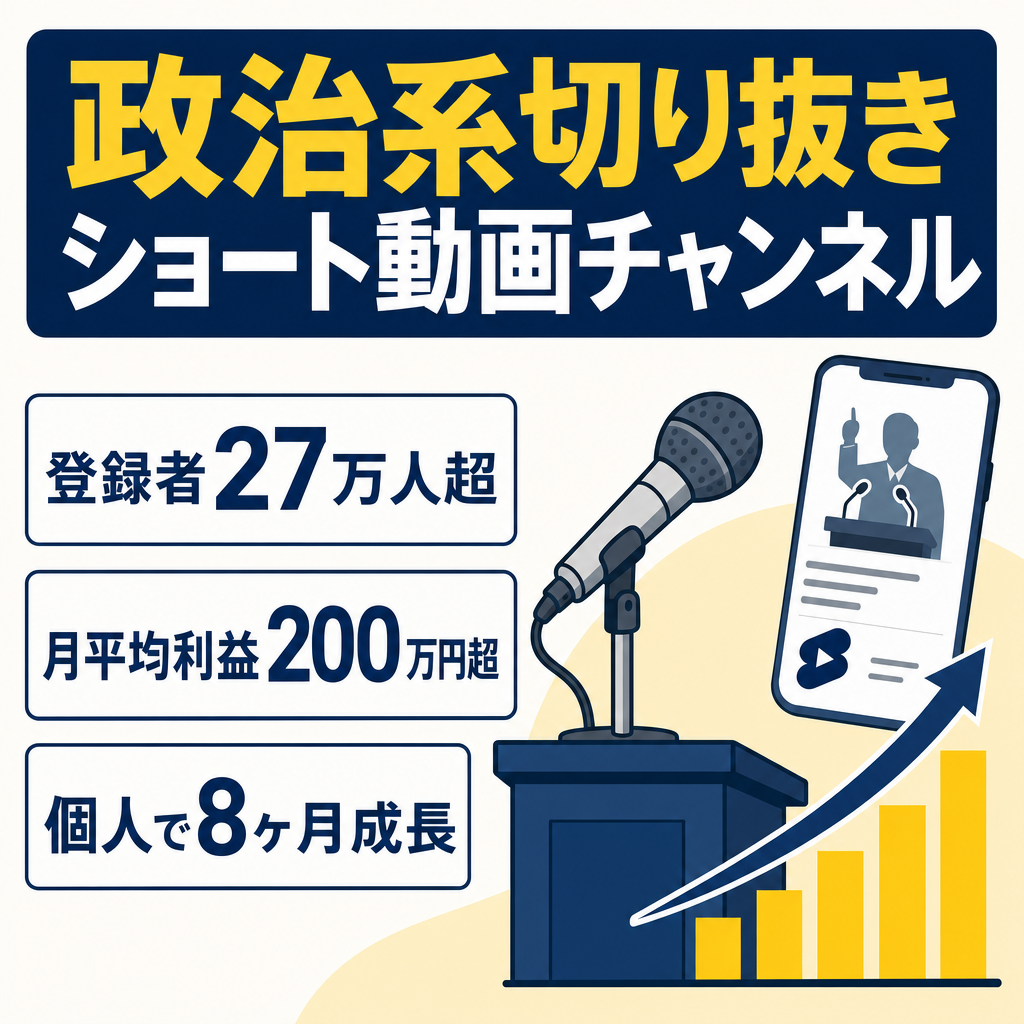 【登録者27万人超&月間平均利益200万円以上】政治系切り抜きショート動画チャンネル