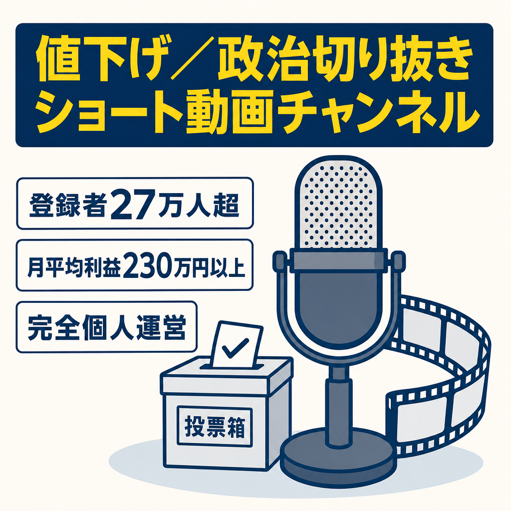 大幅値下げ!【登録者27万人超&月間平均利益230万円以上】政治系切り抜きショート動画チャンネル