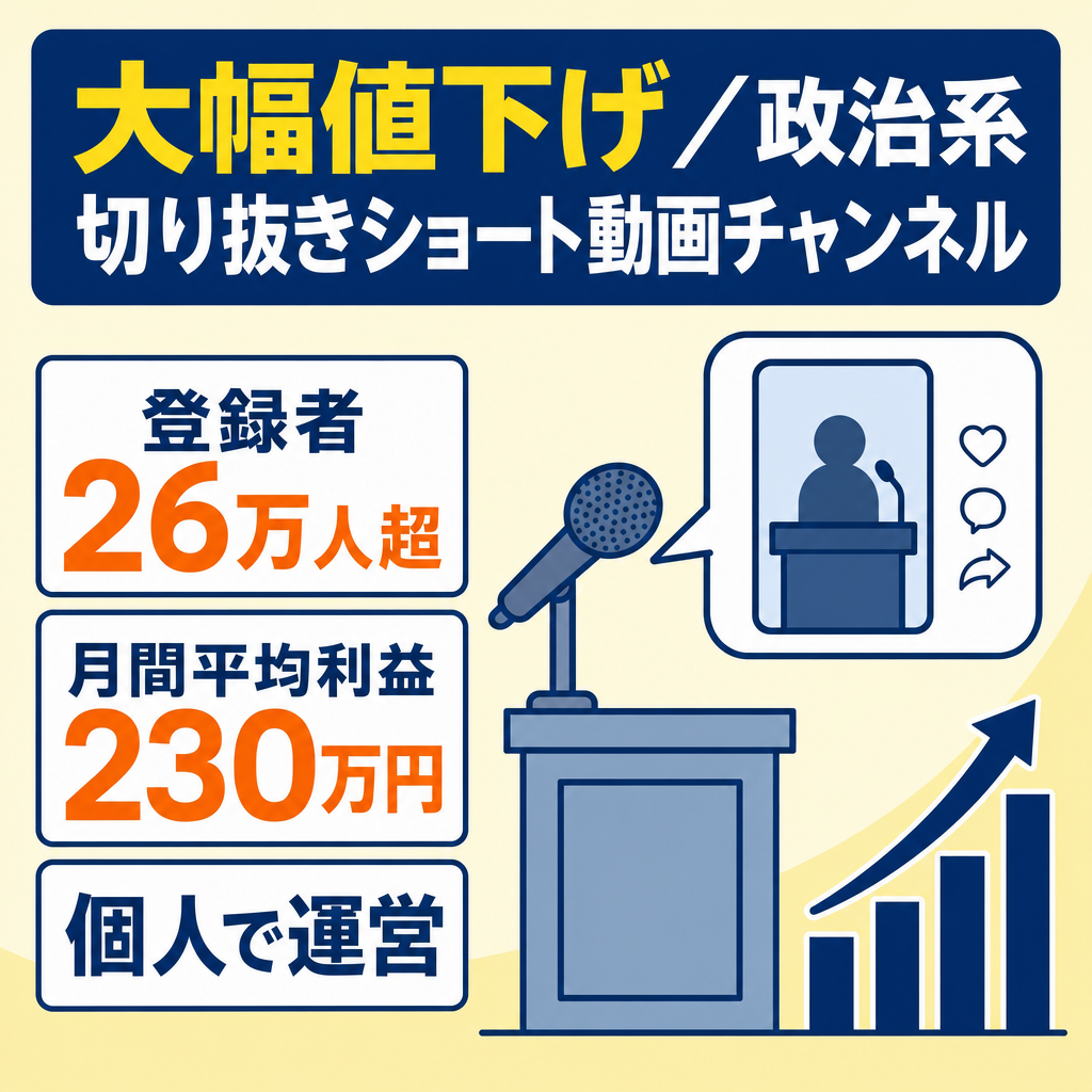大幅値下げ!【登録者26万人超&月間平均利益230万円以上】政治系切り抜きショート動画チャンネル