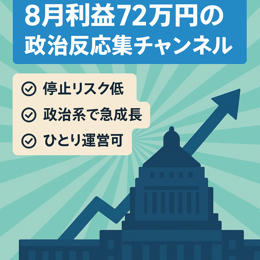【8月利益72万円！】政治反応集チャンネル、副業にもピッタリなCHです