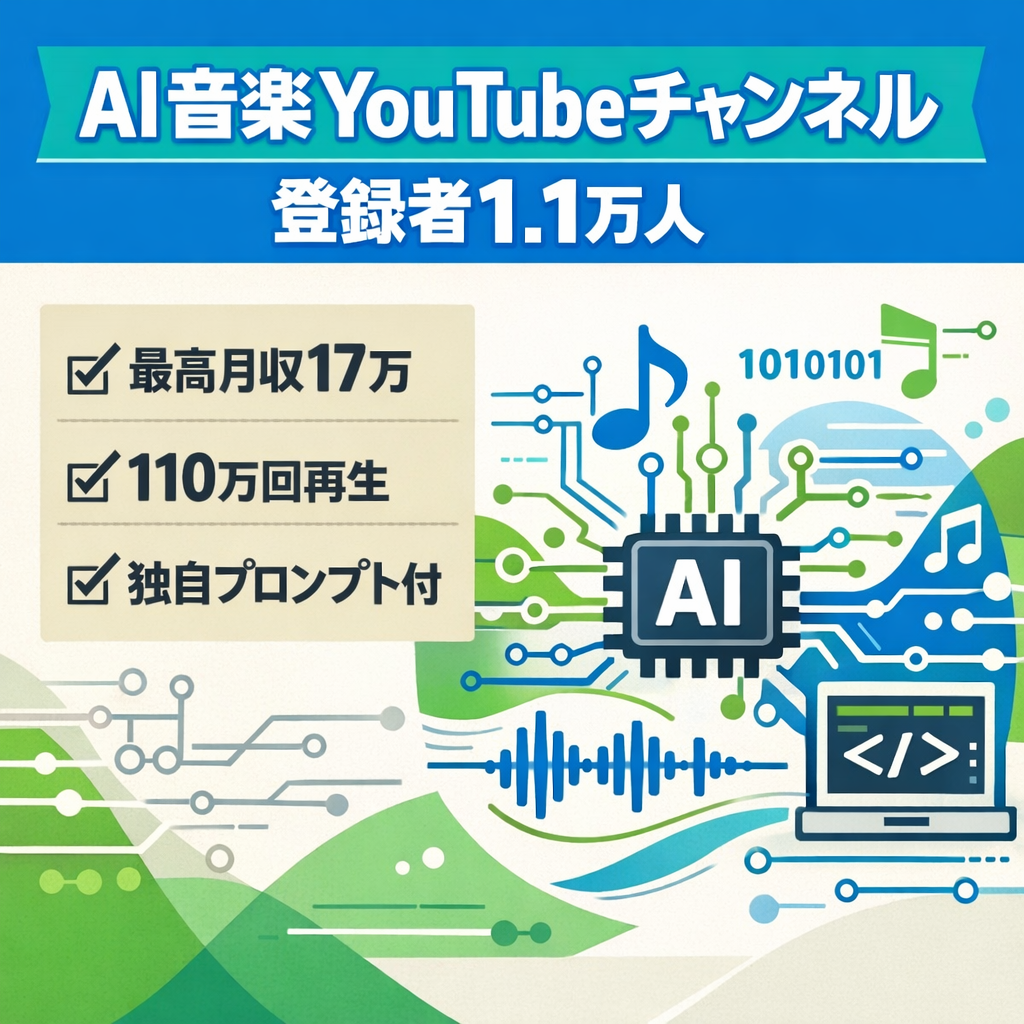 【登録者1.1万人・最高月収17万】属人性一切なし・収益化済みAI音楽YouTubeチャンネル！110万回再生のヒット実績あり！独自プロンプトジェネレーター付き！